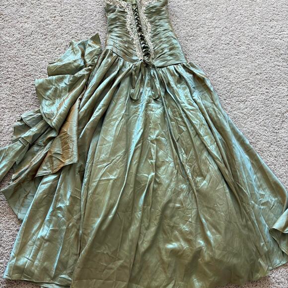 Vintage 90’s Elegant Sage Green Strapless Prom Gown with Draped Skirt - Picture 2 of 5
